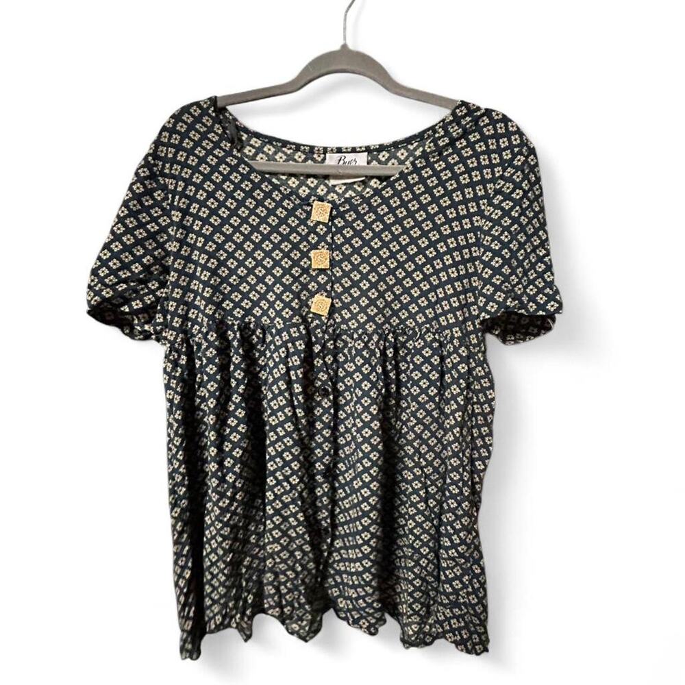 Vintage 90s forest green and cream button up flowy blouse boho cottage teacher